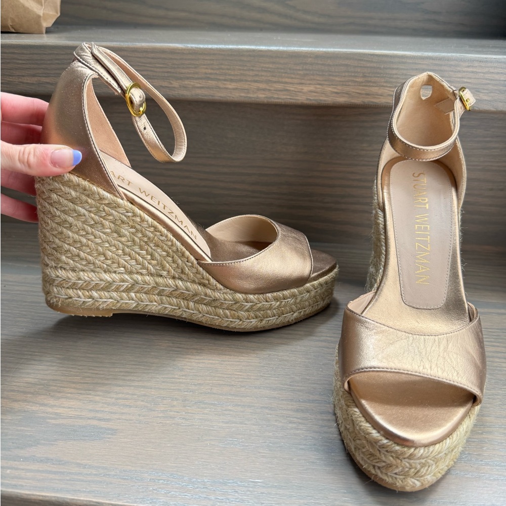 Stuart Weitzman Metallic Gold Espadrille Wedge Sandals with Ankle Strap